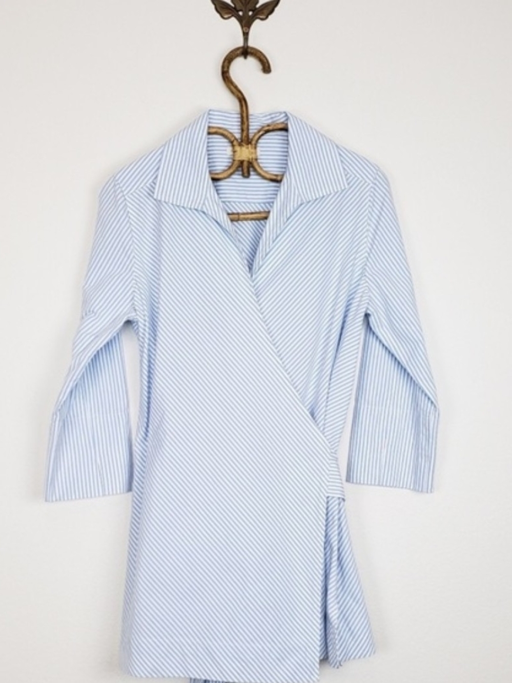 Ann Mashburn - Light Blue and White Striped Wrap Tunic Shirt - Size Medium